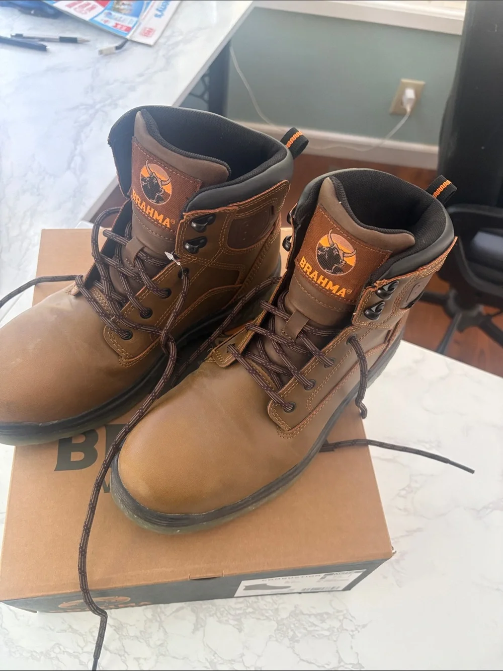 Brahma Brown Work Boots with Orange Logo Accents